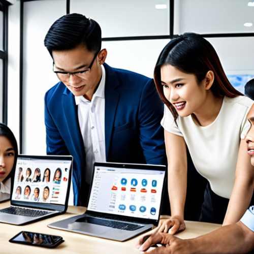 **A diverse group of Thai professionals collaborating on a digital marketing campaign in a modern office. The scene emphasizes teamwork, technology, and the integration of marketing and technology skills, highlighting "Multi-Potentialite" in the Thai context.**