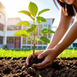 **

A bright, colorful scene depicting a person planting a small tree seedling in fertile soil. Sunlight streams down, illuminating the seedling. In the background, a modern office building can be seen, blurred slightly. The person is smiling confidently. The overall feeling is one of hope, growth, and new beginnings, linking personal development with career advancement, reflecting the start of a new job. Include elements reminiscent of Thai rural landscapes.

**
