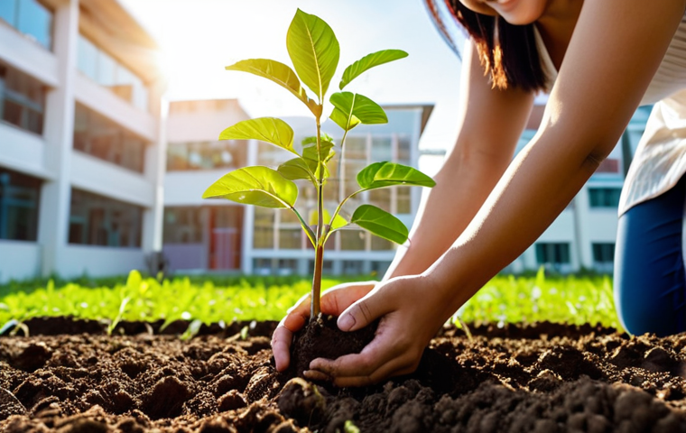 **

A bright, colorful scene depicting a person planting a small tree seedling in fertile soil. Sunlight streams down, illuminating the seedling. In the background, a modern office building can be seen, blurred slightly. The person is smiling confidently. The overall feeling is one of hope, growth, and new beginnings, linking personal development with career advancement, reflecting the start of a new job. Include elements reminiscent of Thai rural landscapes.

**