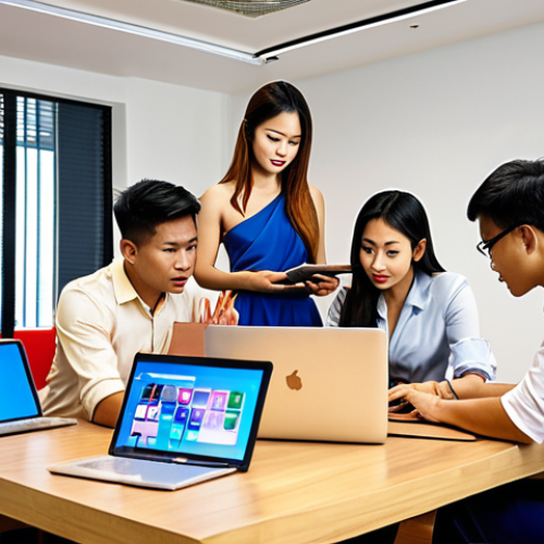 ** A vibrant, diverse group of Thai professionals collaborating on a digital project in a modern office setting. The image should emphasize teamwork, digital literacy (laptops, tablets), and effective communication. Consider incorporating subtle Thai cultural elements in the office décor.

**