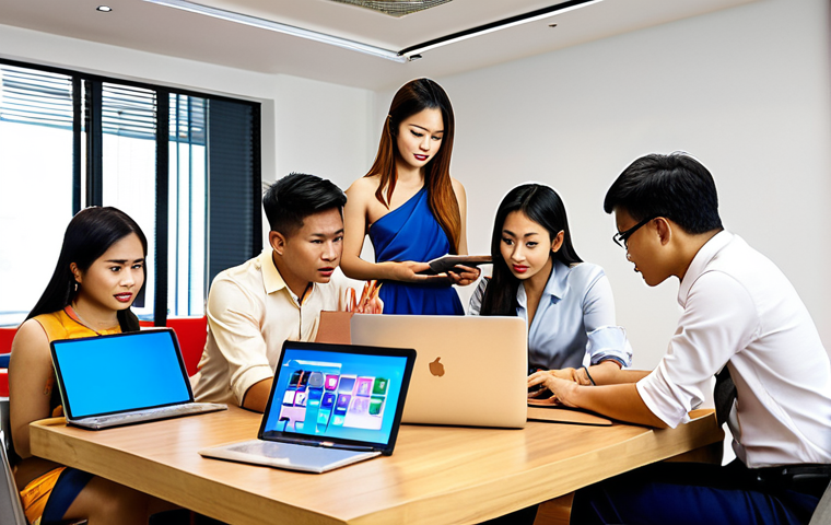 ** A vibrant, diverse group of Thai professionals collaborating on a digital project in a modern office setting. The image should emphasize teamwork, digital literacy (laptops, tablets), and effective communication. Consider incorporating subtle Thai cultural elements in the office décor.

**